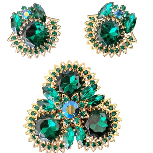 Vintage Judy Lee Jewels Emerald Green Rhinestone Brooch & Earring Set - Picture 6 of 11